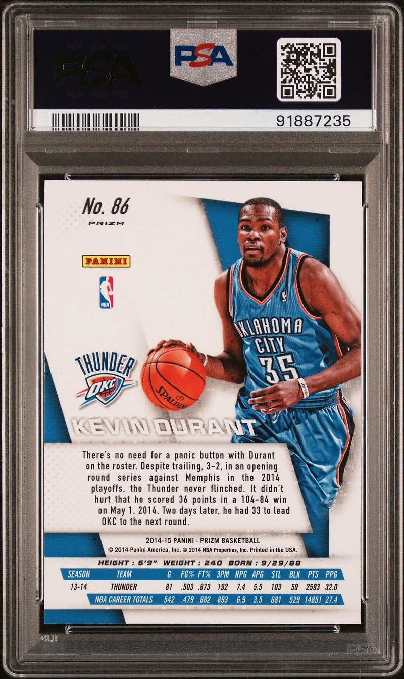2014 Panini Prizm 86 Kevin Durant Red/white/blue Pulsar Prizm PSA 10