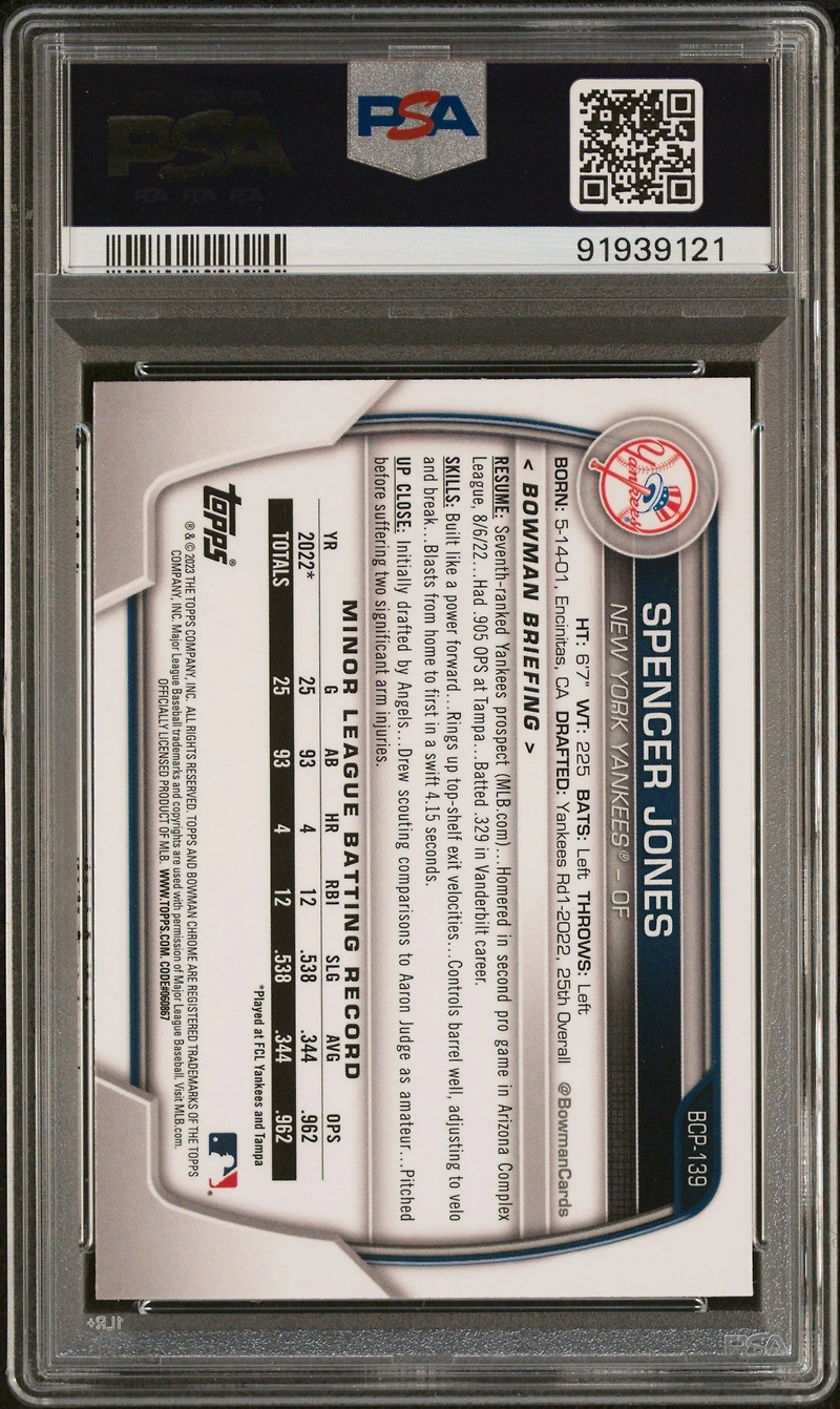 2023 Bowman Mega Box Chrome 139 Spencer Jones PSA 10
