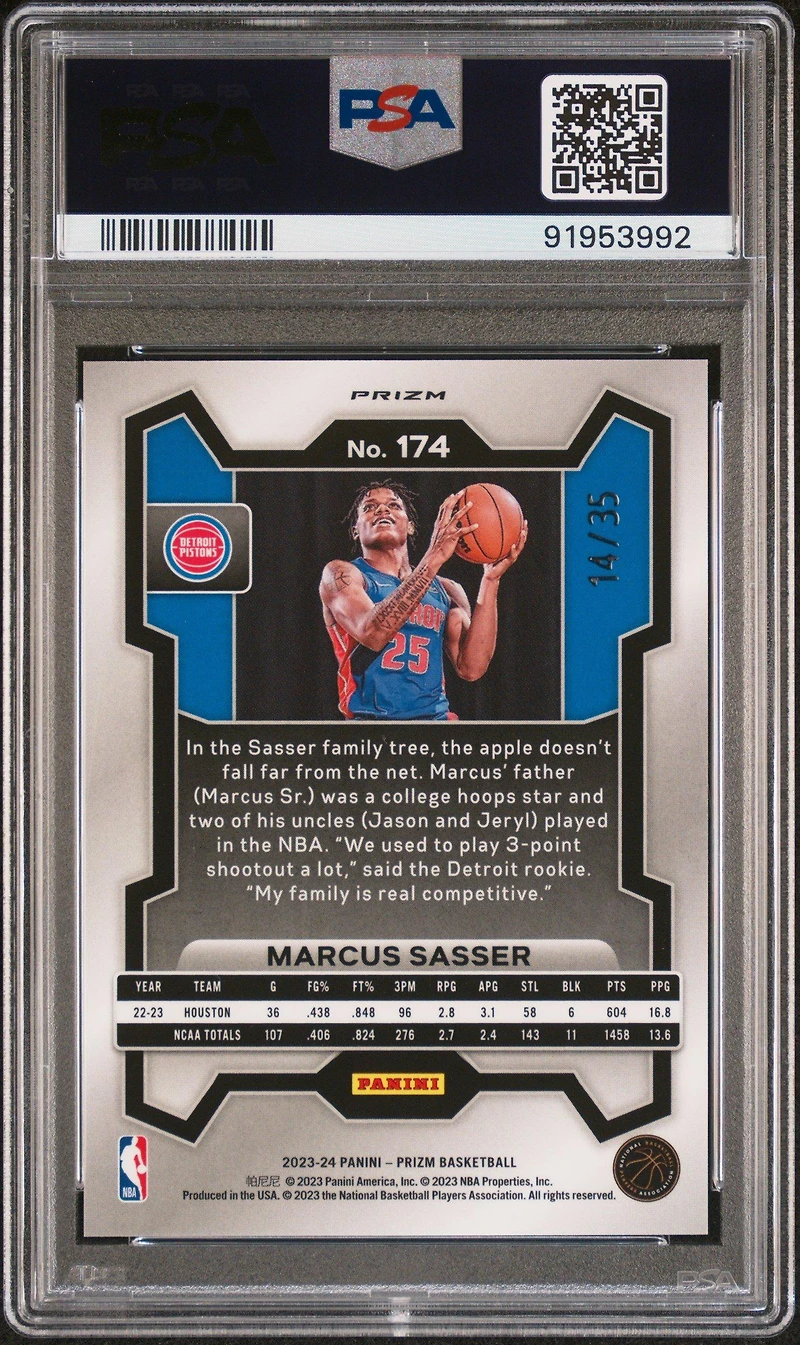 2023 Panini Prizm 174 Marcus Sasser Blue Shimmer Fotl PSA 10