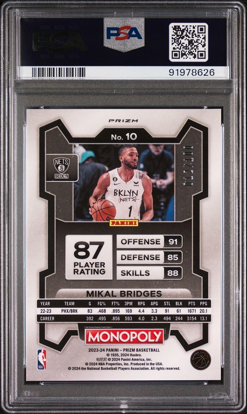2023 Panini Prizm Monopoly 10 Mikal Bridges PSA 10