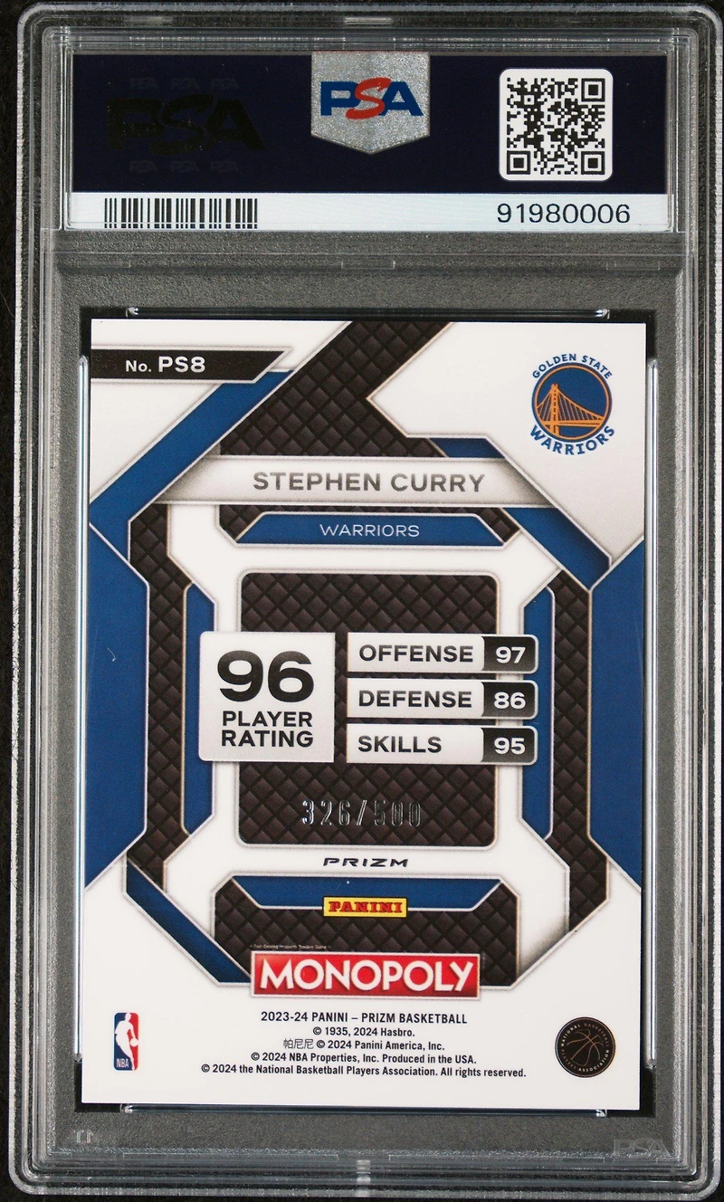 2023 Panini Prizm Monopoly All-star Ps8 Stephen Curry Gold Millionaire Shimmer PSA 10