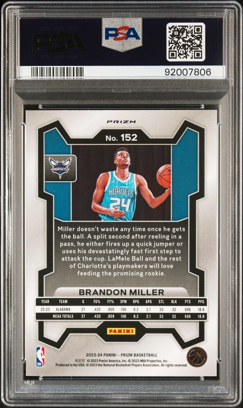 2023 Panini Prizm 152 Brandon Miller Ice PSA 9