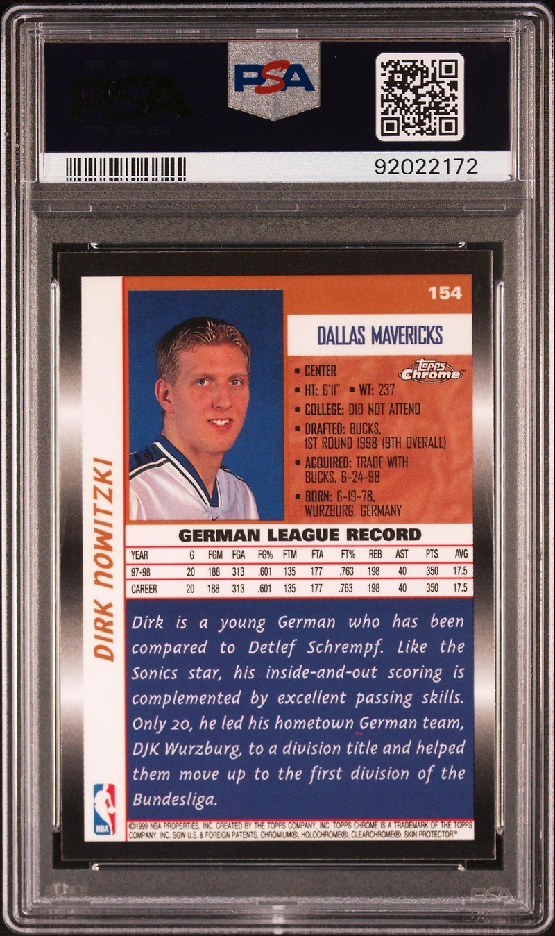 1998 Topps Chrome 154 Dirk Nowitzki PSA 8