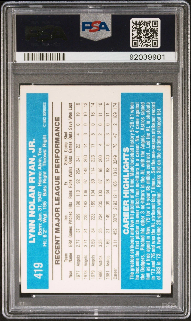 1982 Donruss 419 Nolan Ryan PSA 9