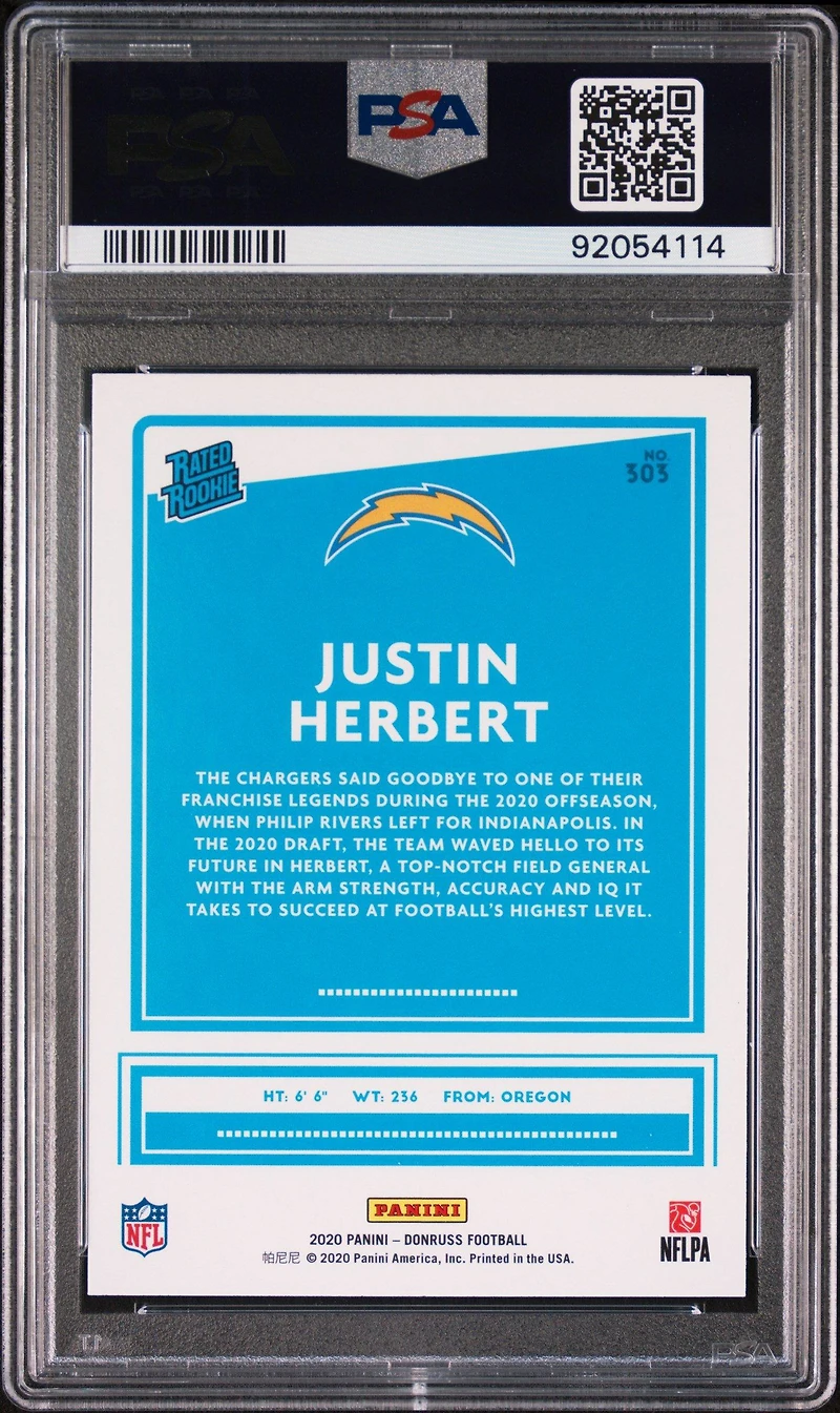 2020 Panini Donruss 303 Justin Herbert PSA 10