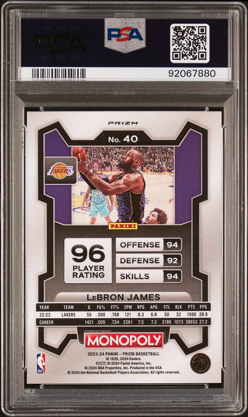 2023 Panini Prizm Monopoly 40 Lebron James Purple PSA 10