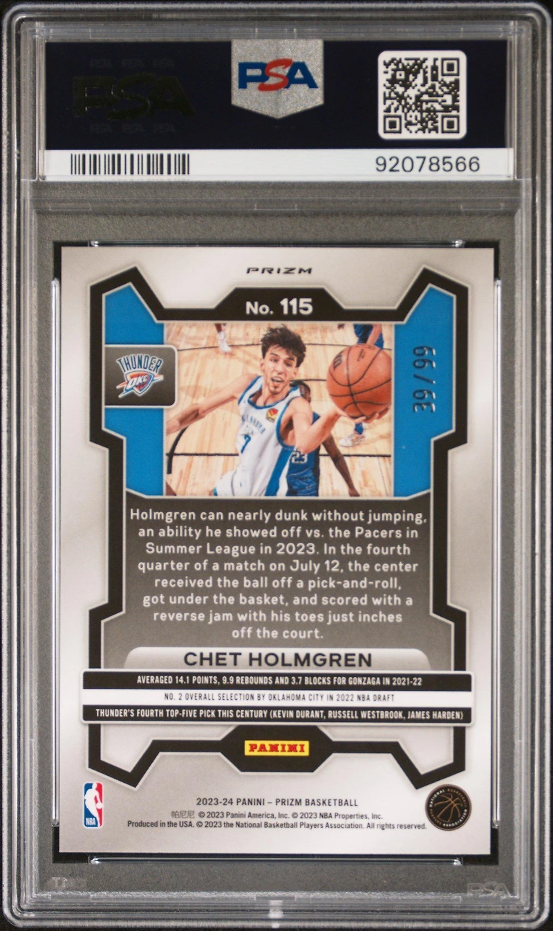 2023 Panini Prizm 115 Chet Holmgren Purple Prizm PSA 10