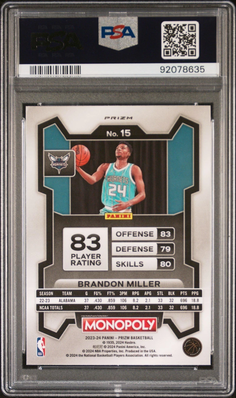 2023 Panini Prizm Monopoly 15 Brandon Miller Monopoly Red Pattern PSA 10