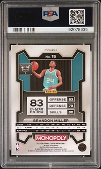 2023 Panini Prizm Monopoly 15 Brandon Miller Monopoly Red Pattern PSA 10