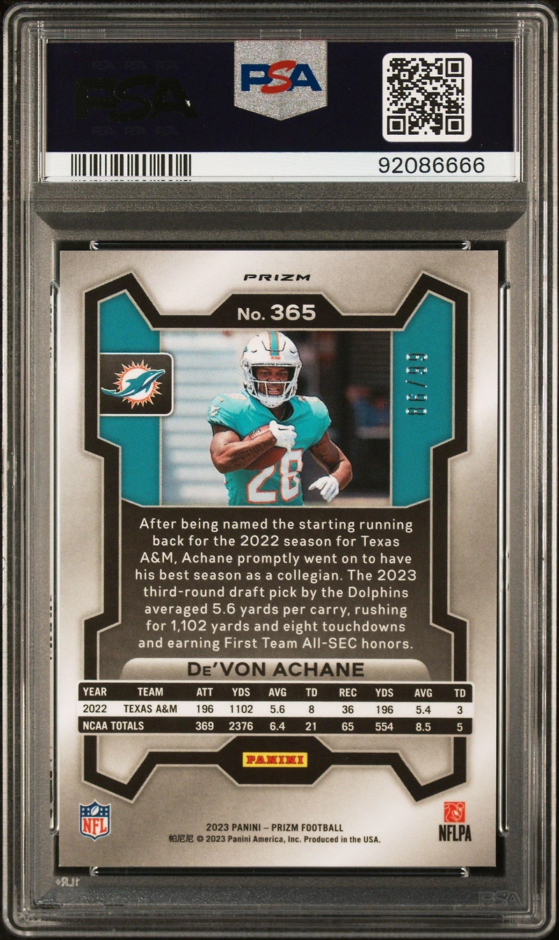 2023 Panini Prizm 365 De'von Achane Purple Wave PSA 10
