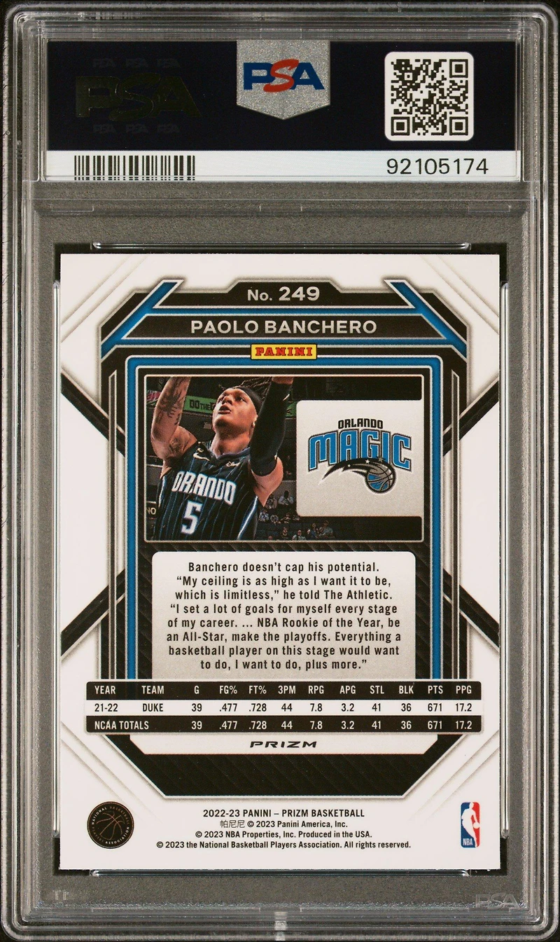 2022 Panini Prizm 249 Paolo Banchero Green Wave PSA 10