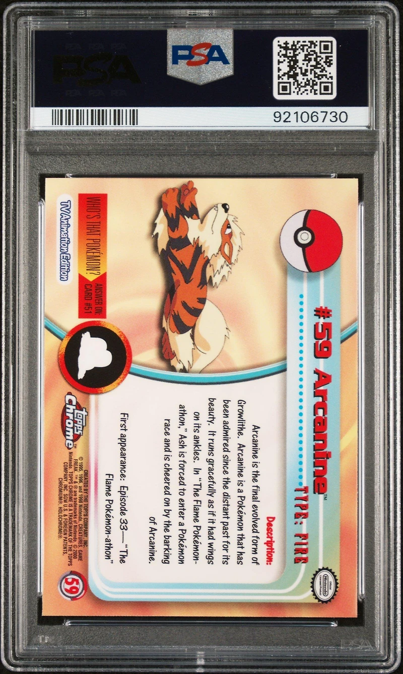 2000 Topps Chrome Pokemon T.v. 59 Arcanine PSA 9
