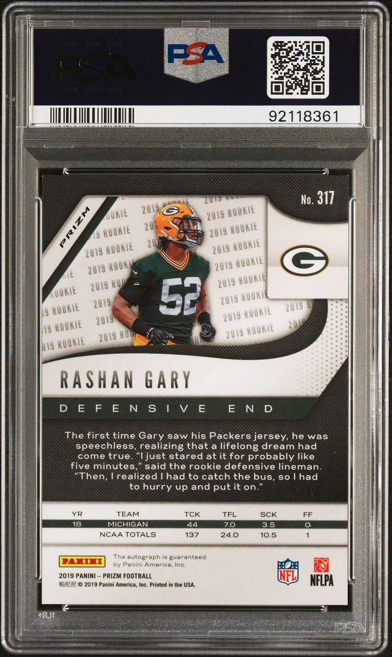 2019 Panini Prizm 317 Rashan Gary Autograph-neon Green Pulsar PSA 10