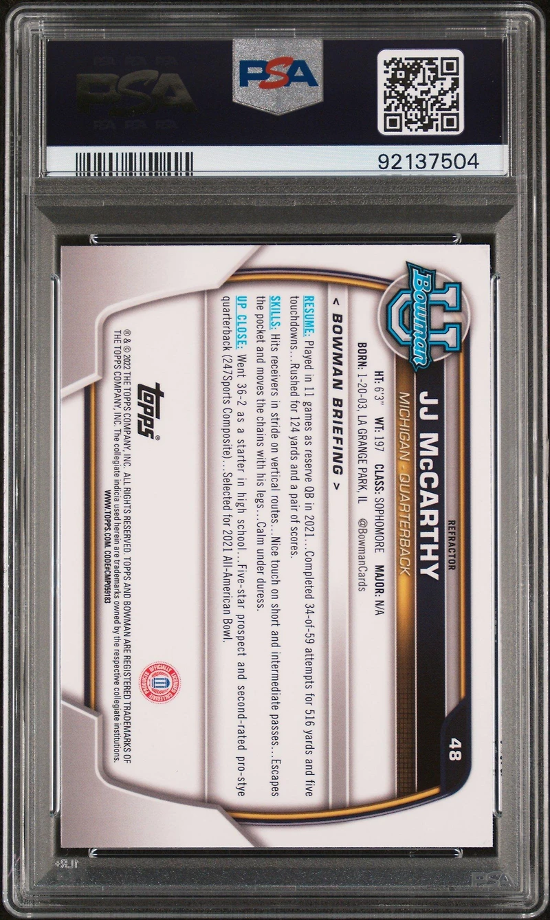 2022 Bowman University Chrome Prospects 48 Jj Mccarthy Refractor PSA 10