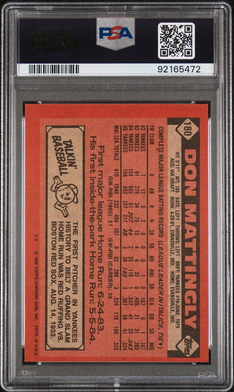 1986 Topps 180 Don Mattingly PSA 8