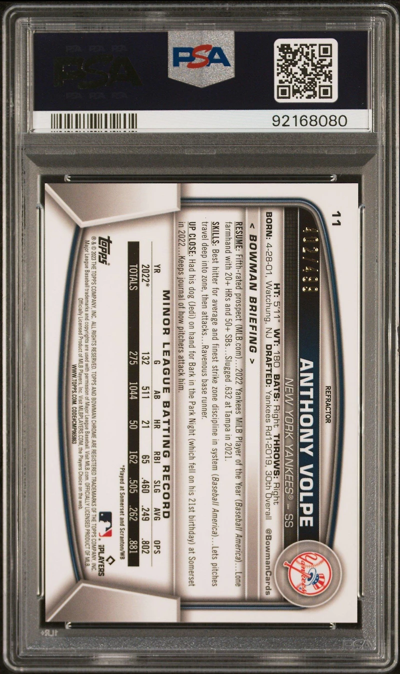 2023 Bowman Chrome 11 Anthony Volpe Refractor PSA 10