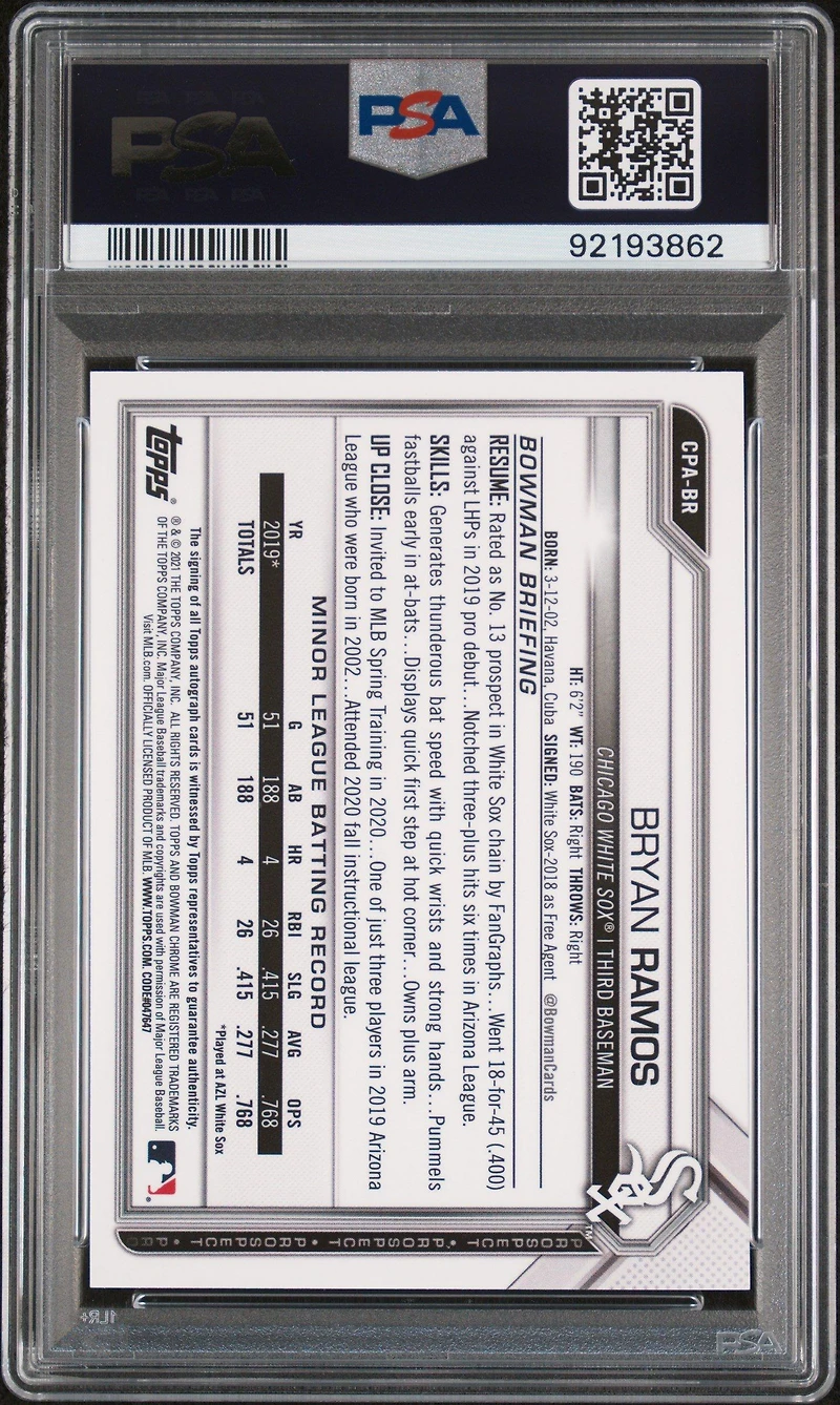 2021 Bowman Chrome Prospect Autographs Cpabr Bryan Ramos Speckle Refractor PSA 9