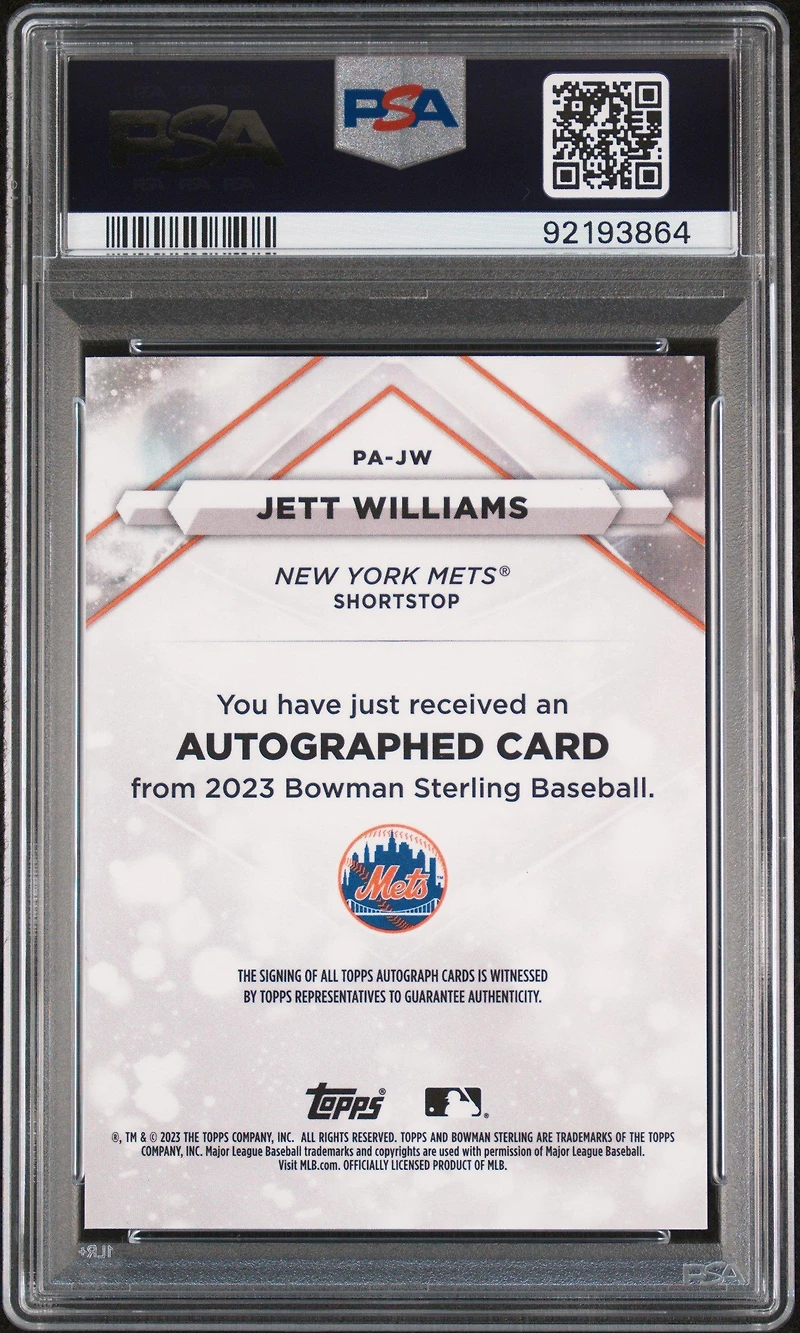 2023 Bowman Sterling Prospect Autographs Pajw Jett Williams Speckle PSA 10
