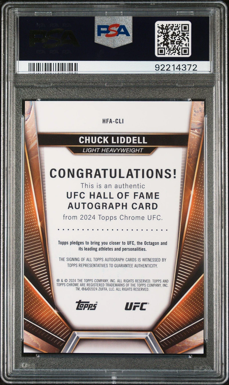 2024 Topps Chrome Ufc Hall Of Fame Autographs Hfacli Chuck Liddell PSA 10