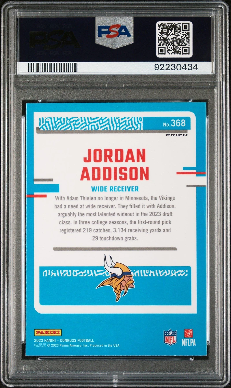 2023 Panini Donruss 368 Jordan Addison Optic Preview-pink PSA 10
