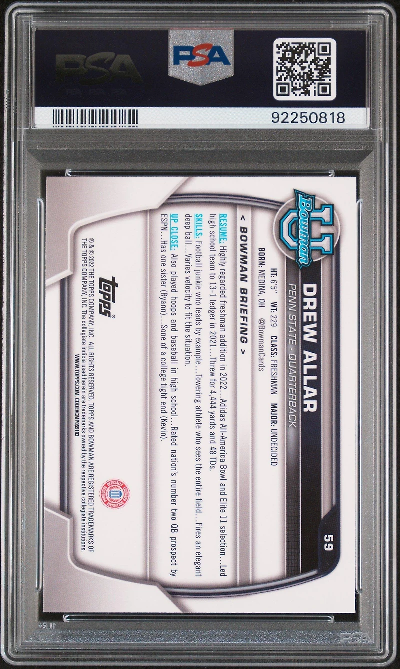 2022 Bowman University Chrome Prospects 59 Drew Allar Pink Refractor PSA 10
