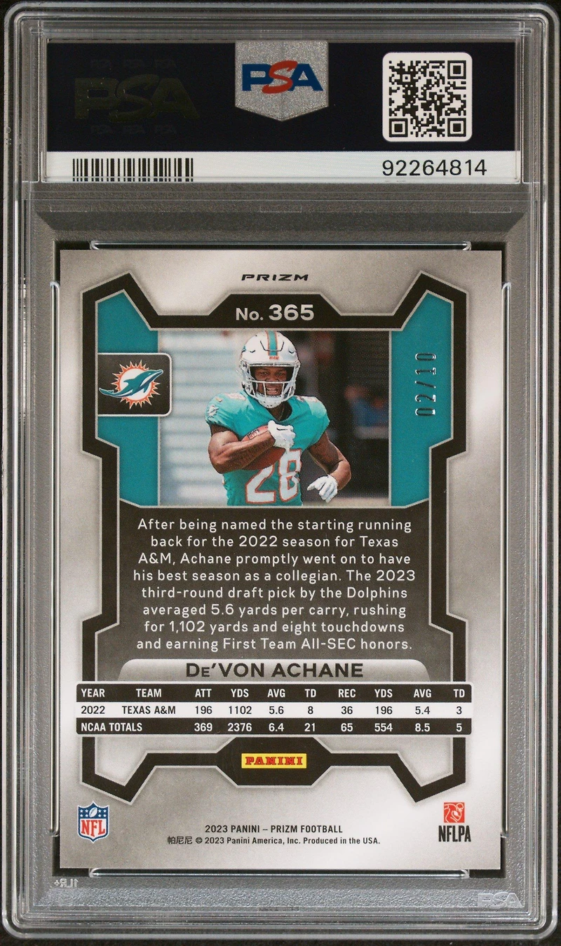 2023 Panini Prizm 365 De'von Achane Gold Wave PSA 10