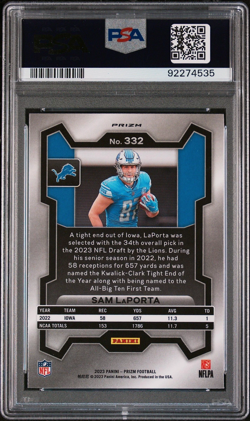 2023 Panini Prizm 332 Sam Laporta Red Sparkle PSA 10