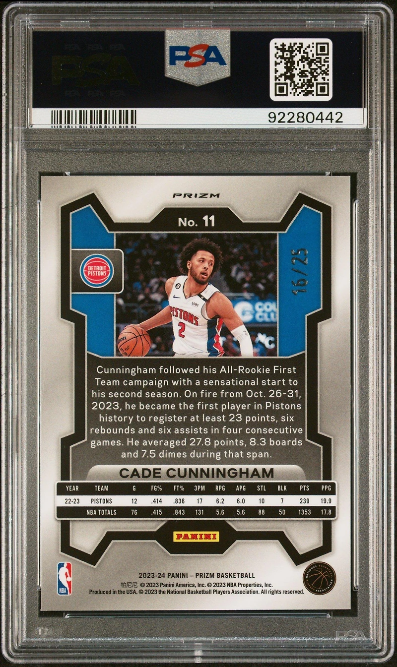 2023 Panini Prizm 11 Cade Cunningham Green Pulsar PSA 10