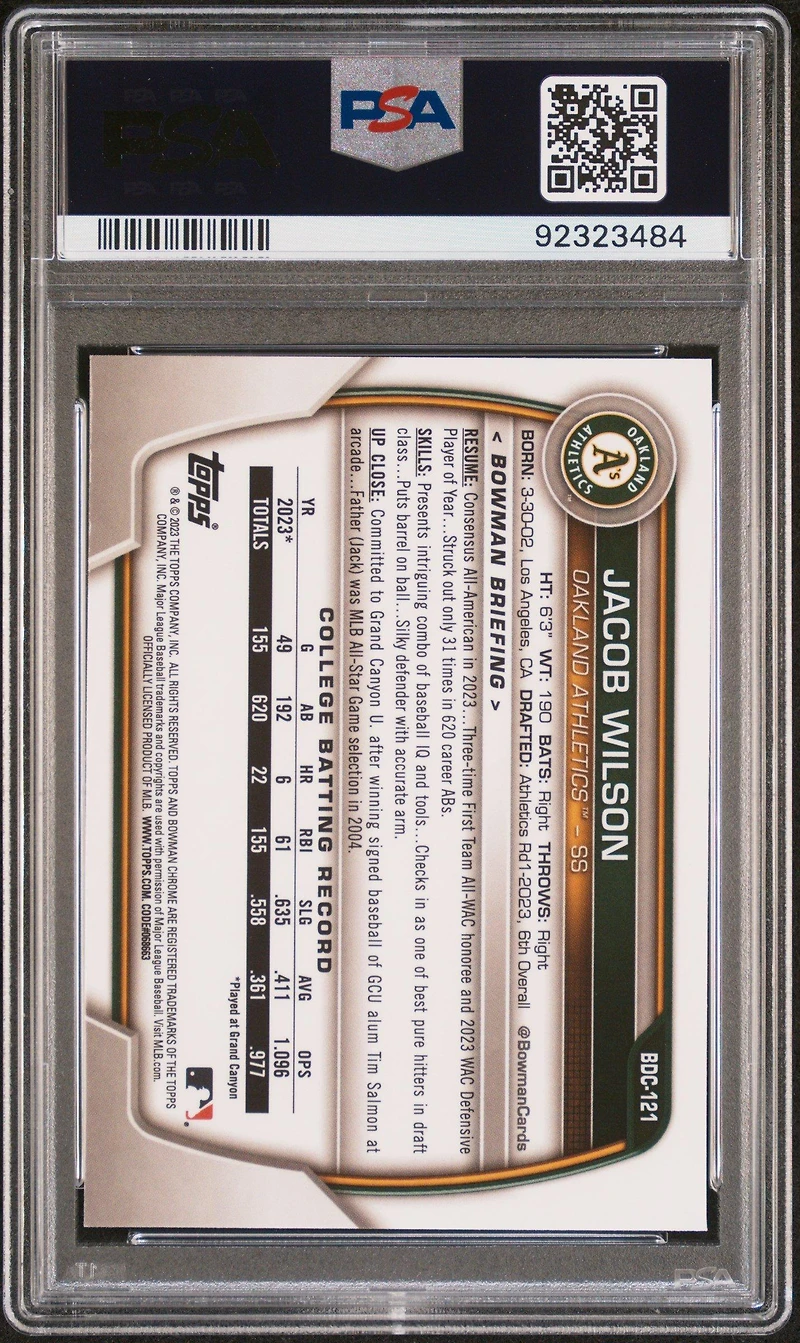 2023 Bowman Draft Sapphire Edition Bdc121 Jacob Wilson PSA 10