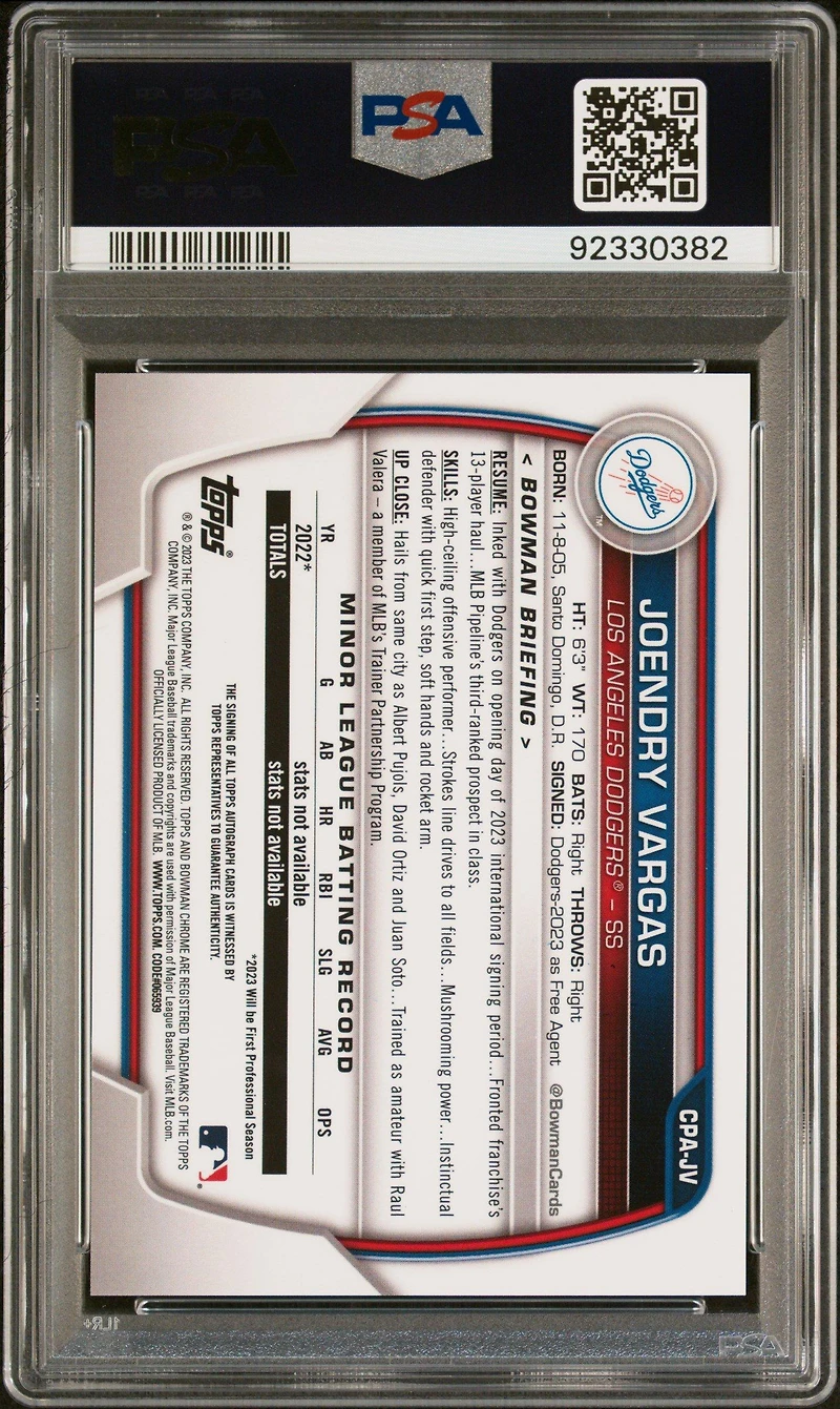2023 Bowman Chrome Prospect Autographs Cpajv Joendry Vargas Speckle Refractor PSA 10