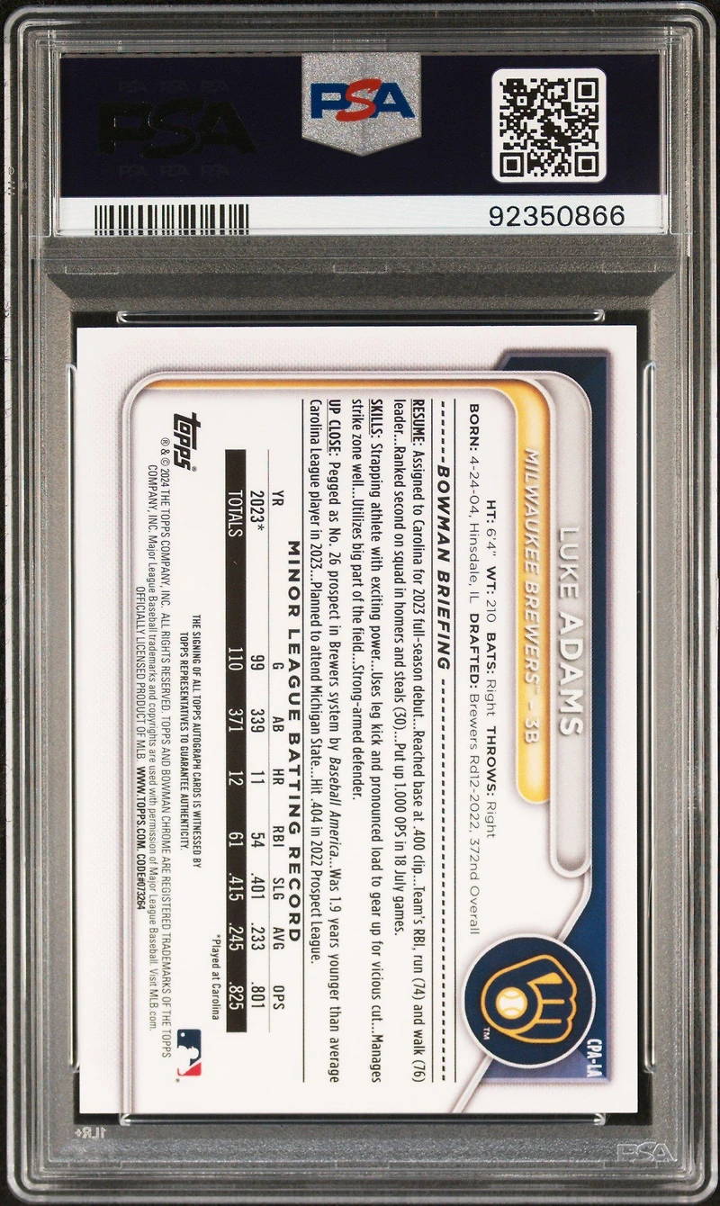 2024 Bowman Chrome Prospect Autographs Cpala Luke Adams PSA 10