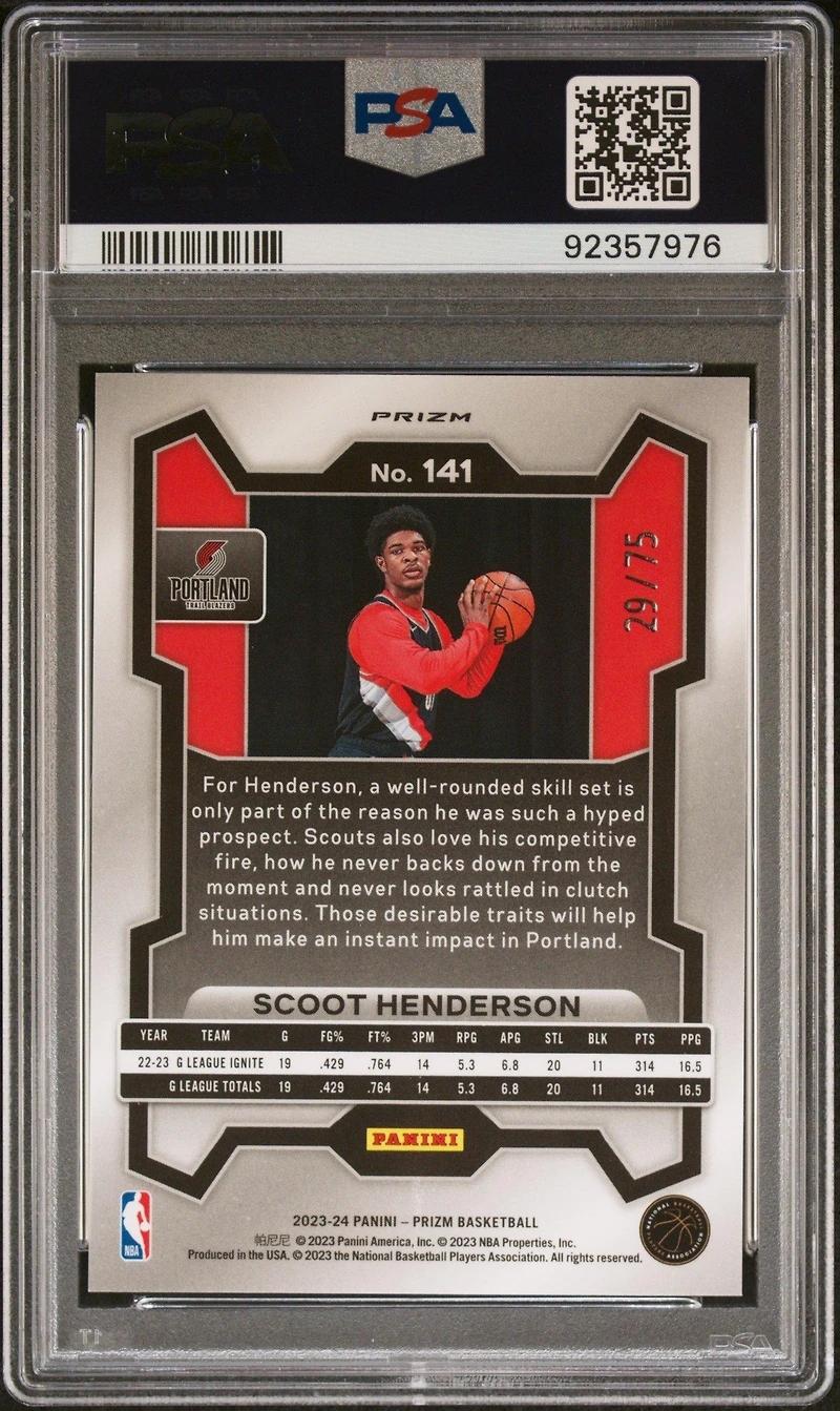 2023 Panini Prizm 141 Scoot Henderson Purple Fast Break PSA 9