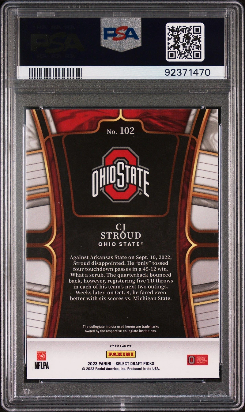 2023 Panini Select Draft Picks 102 Cj Stroud Purple Lazer Prizm PSA 10