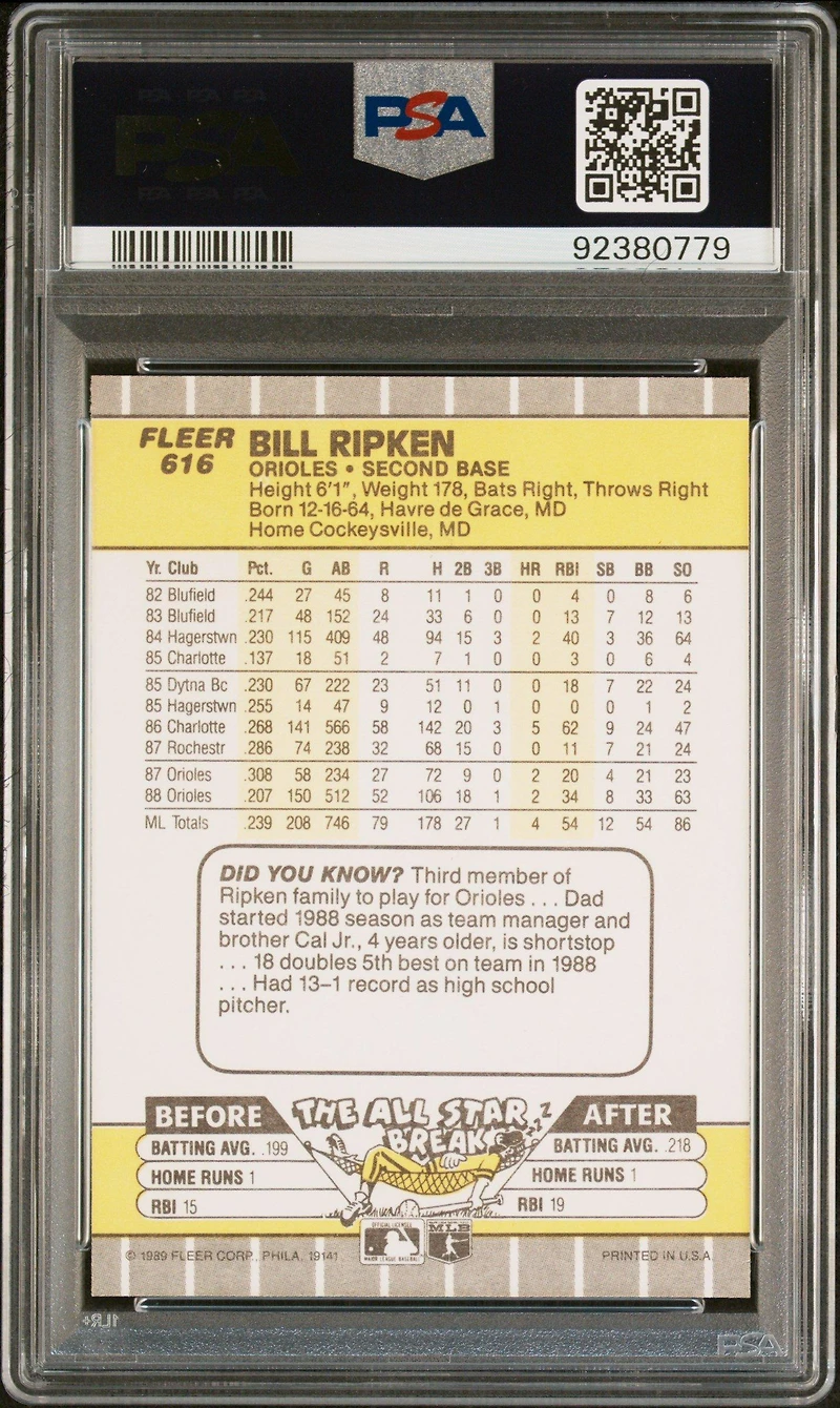 1989 Fleer 616 Bill Ripken PSA 10