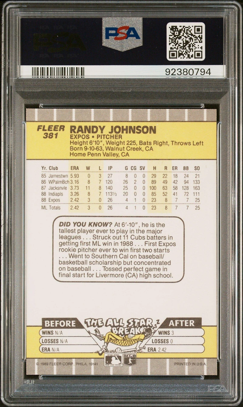 1989 Fleer 381 Randy Johnson PSA 8