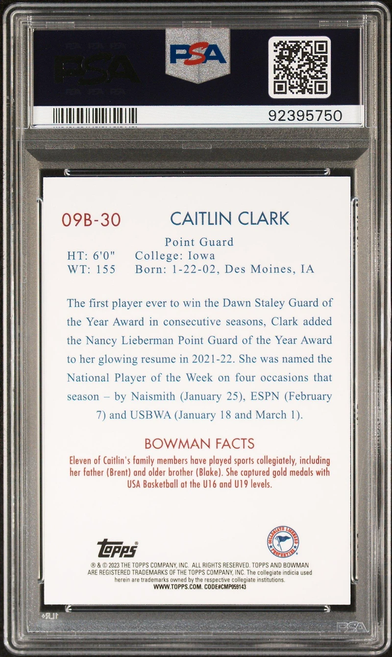 2022 Bowman Chrome University 2009 Bowman 09b30 Caitlin Clark PSA