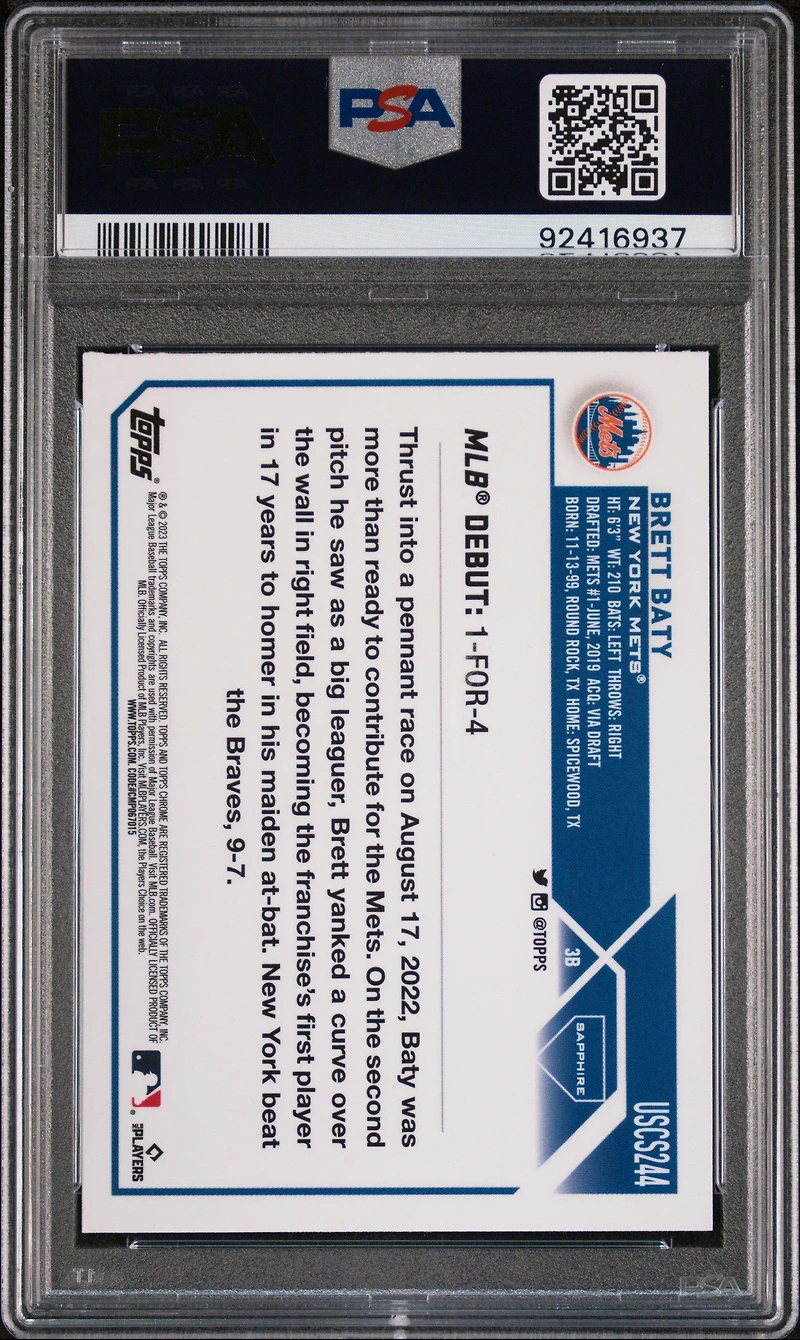 2023 Topps Chrome Update Sapphire Edition 244 Brett Baty PSA 10