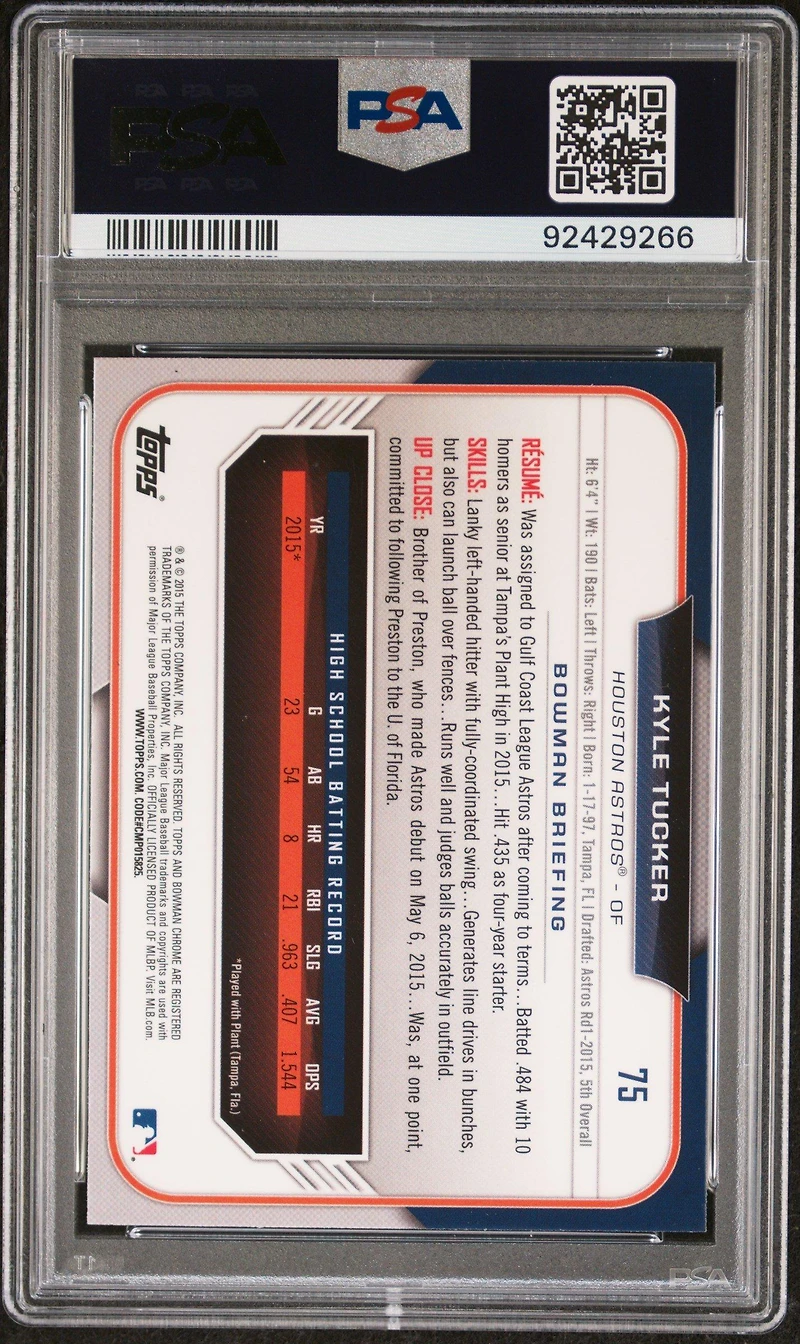 2015 Bowman Draft 75 Kyle Tucker Chrome-refractor PSA 10