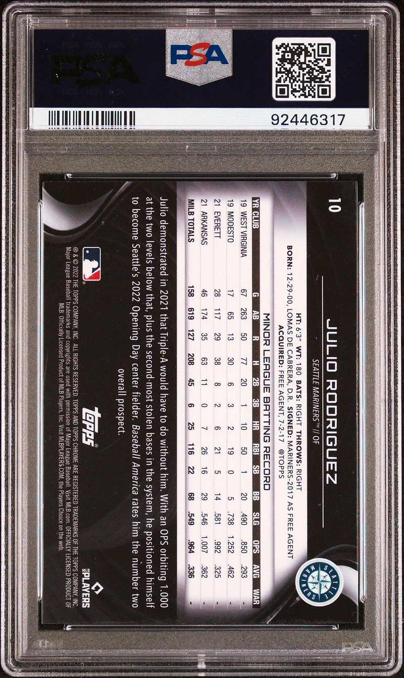 2022 Topps Chrome Black 10 Julio Rodriguez PSA 10