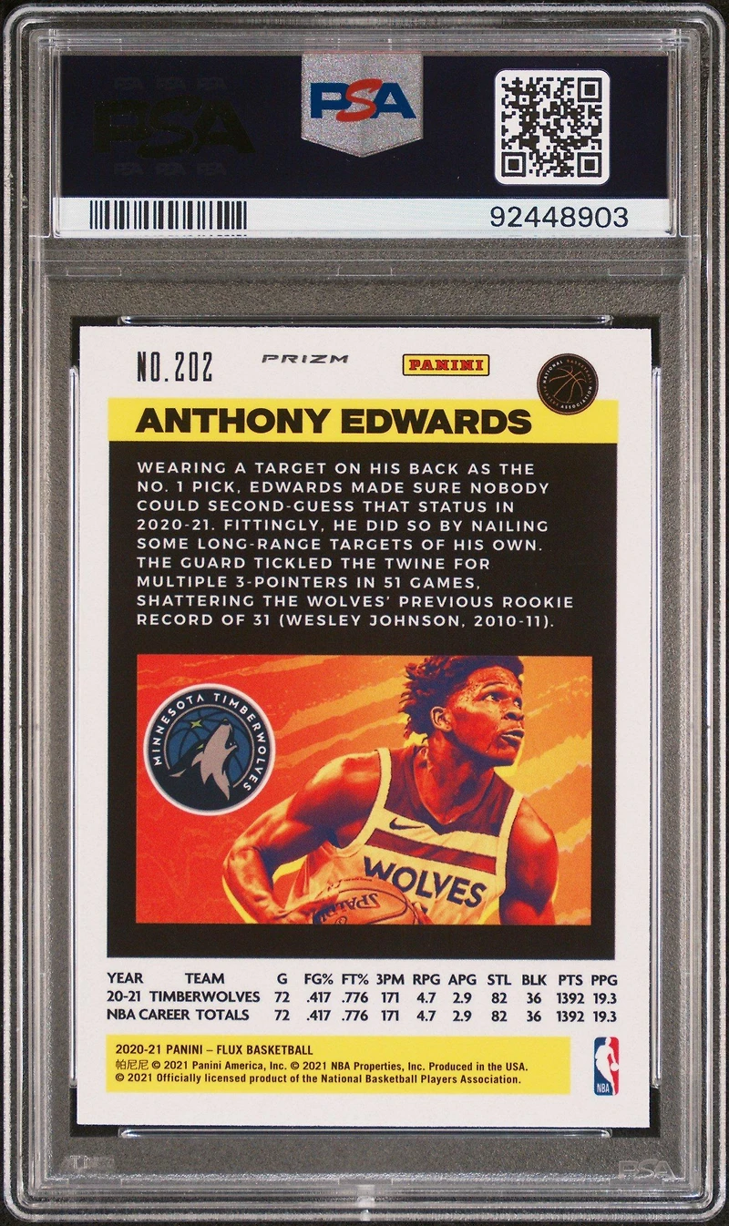 2020 Panini Flux 202 Anthony Edwards Blue Cracked Ice PSA 10