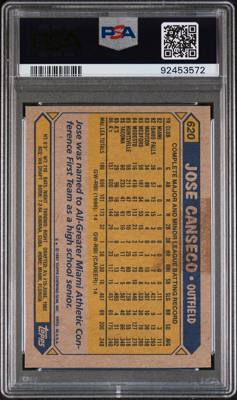 1987 Topps 620 Jose Canseco PSA 9