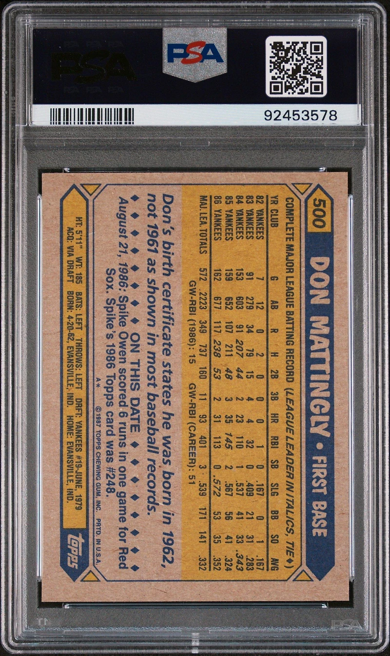 1987 Topps 500 Don Mattingly PSA 10
