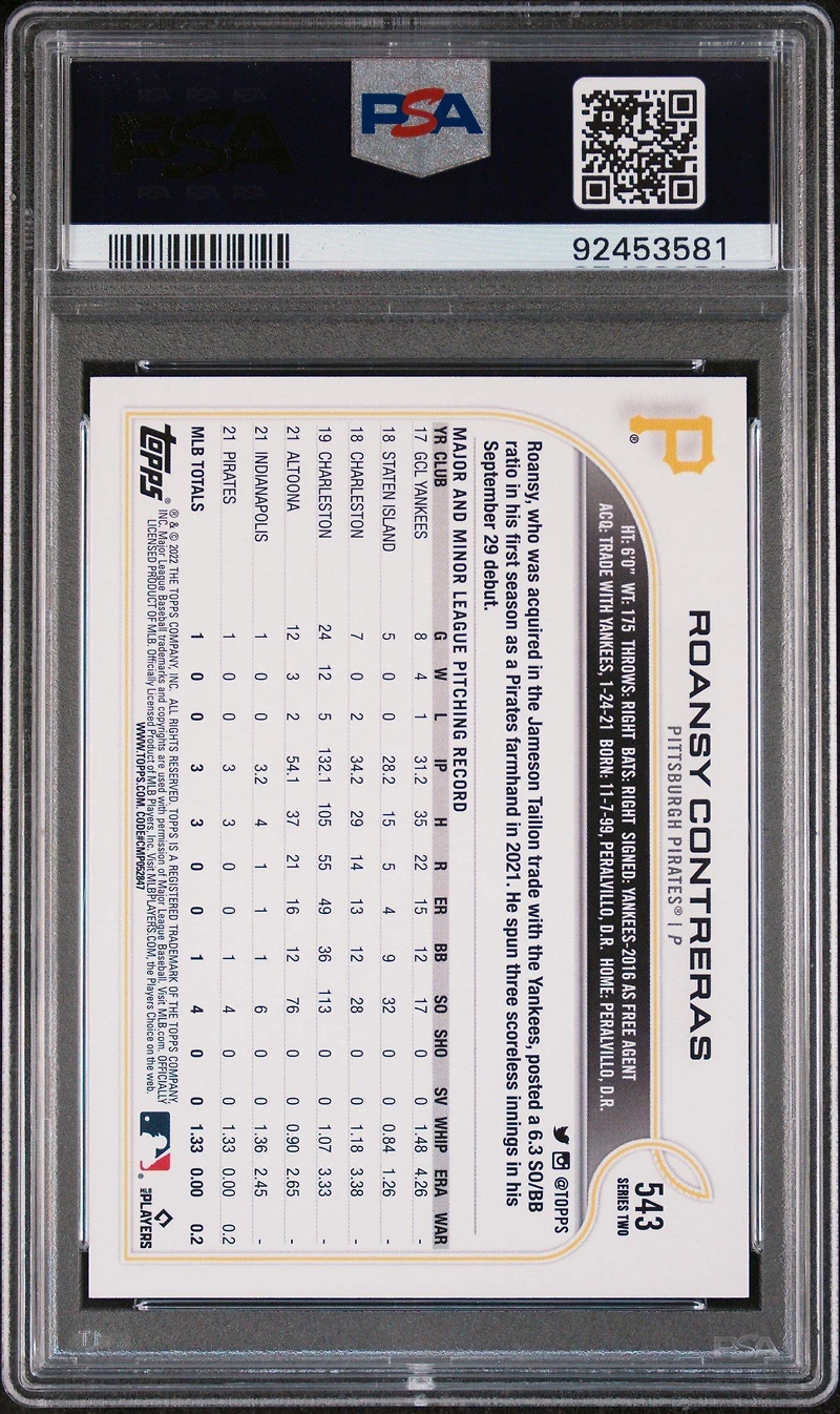 2022 Topps 543 Roansy Contreras PSA 10