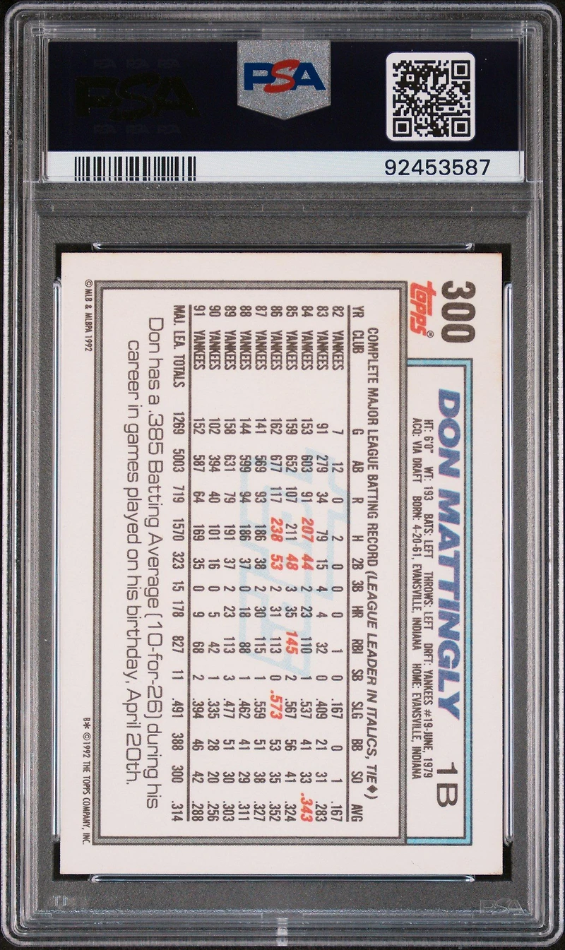 1992 Topps 300 Don Mattingly PSA 10