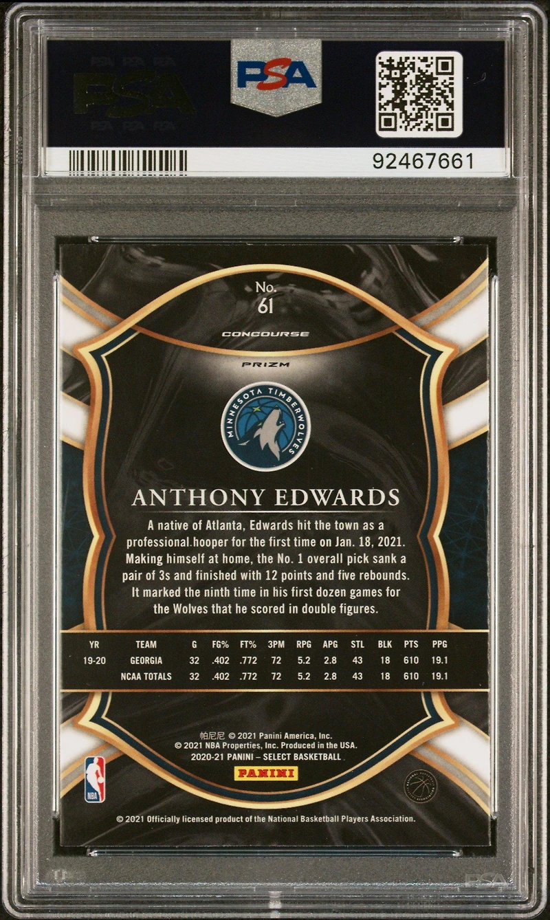 2020 Panini Select 61 Anthony Edwards Red/white/orange Flash PSA 9