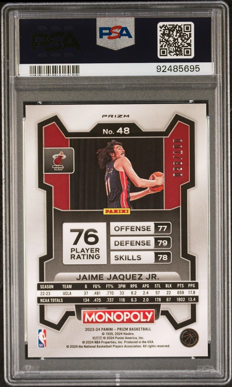 2023 Panini Prizm Monopoly 48 Jaime Jaquez Jr. Red Millionaire Shimmer PSA 10