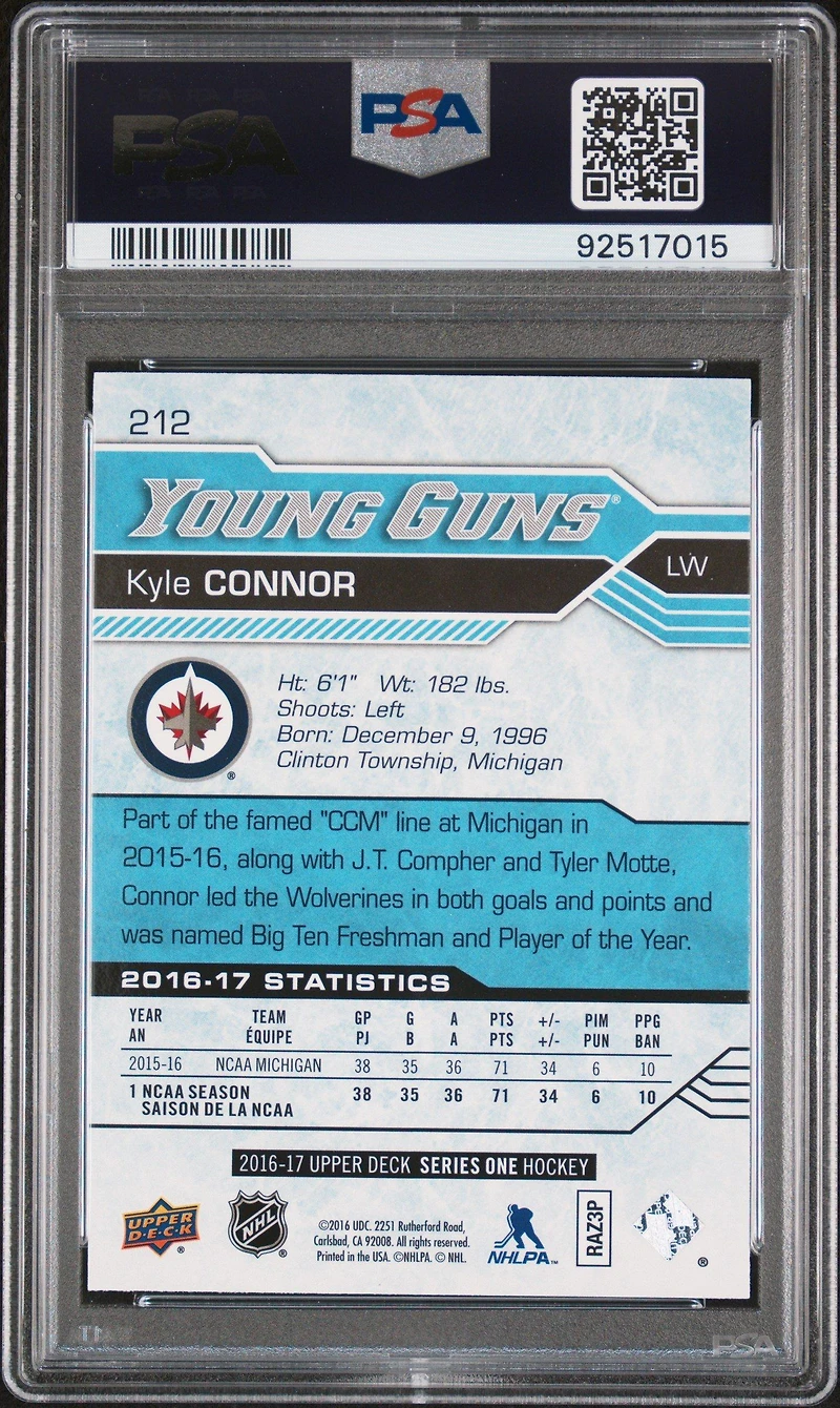 2016 Upper Deck 212 Kyle Connor PSA 9