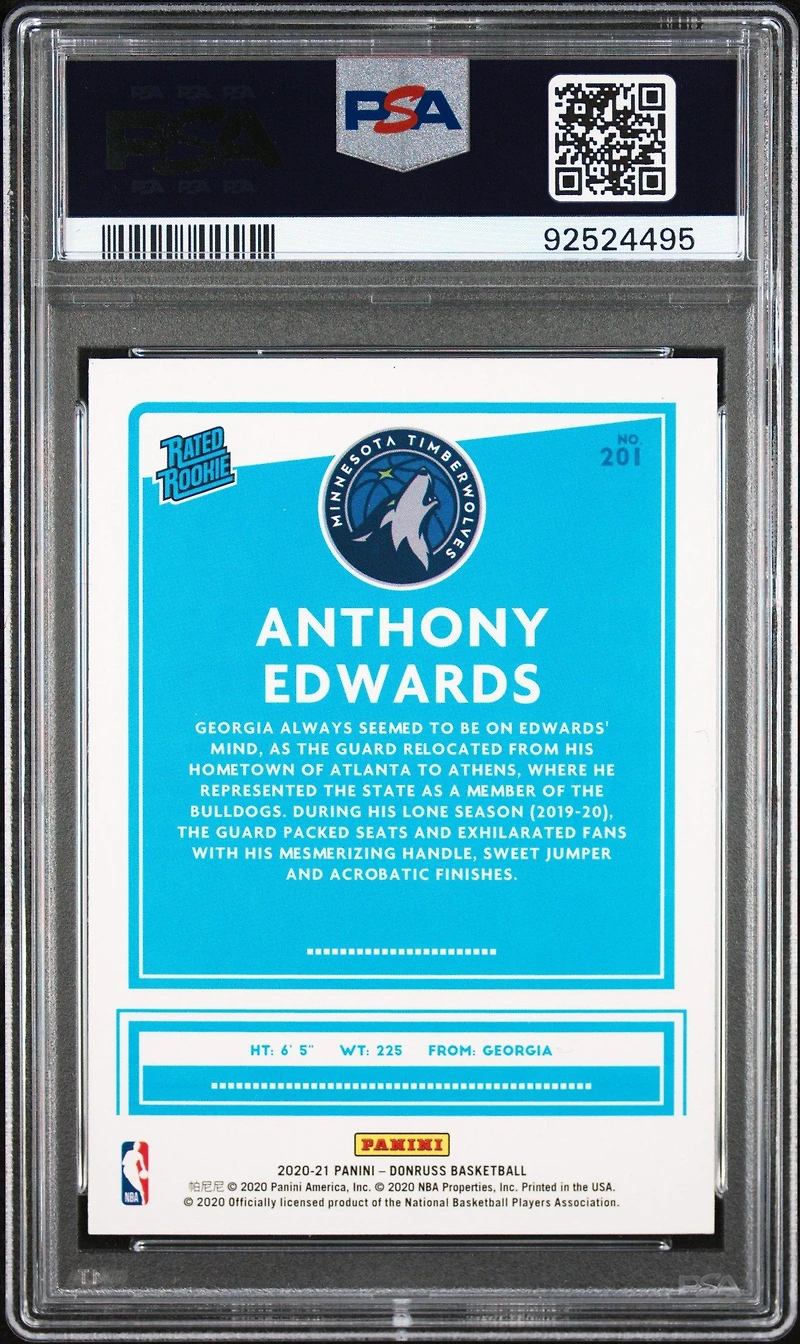 2020 Panini Donruss 201 Anthony Edwards Green/yellow Laser PSA 10