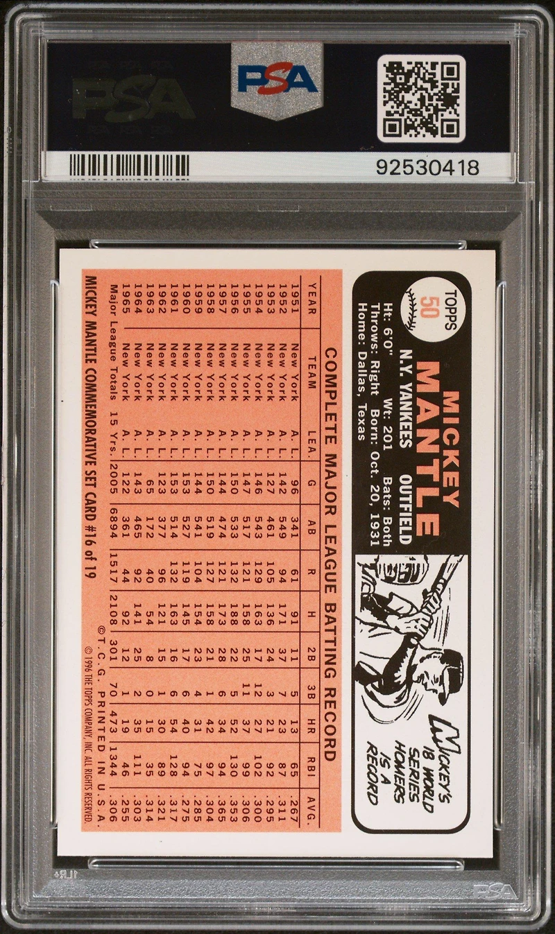 1996 Topps Mantle Reprint 16 1966 Topps Reprint PSA 10