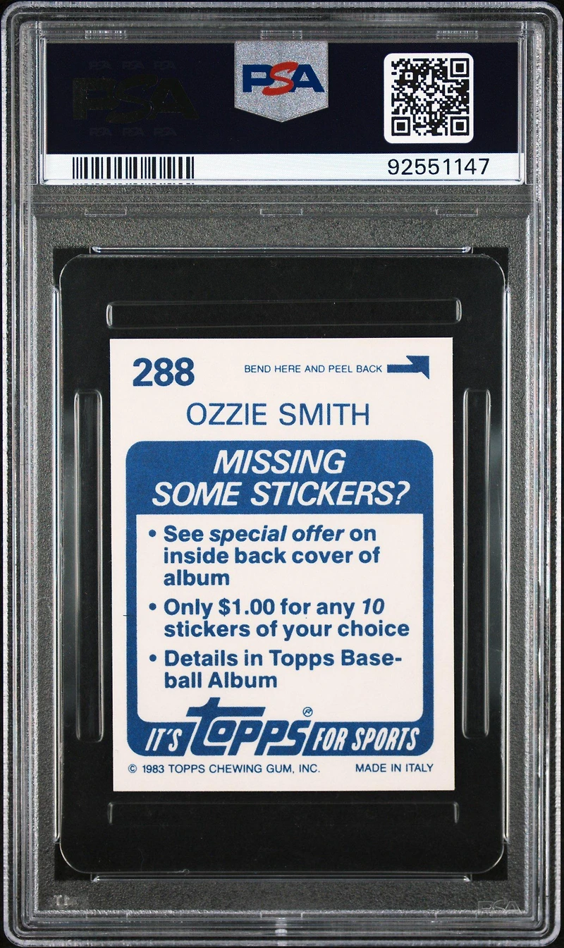 1983 Topps Stickers 288 Ozzie Smith PSA 10